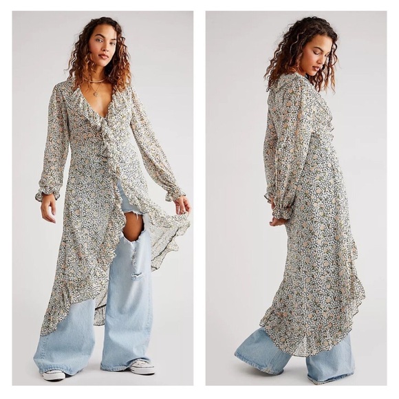 Free People Sheer Floral Midi Dress Tunic Top Gigi Ruffle High Low Hem - Picture 16 of 16